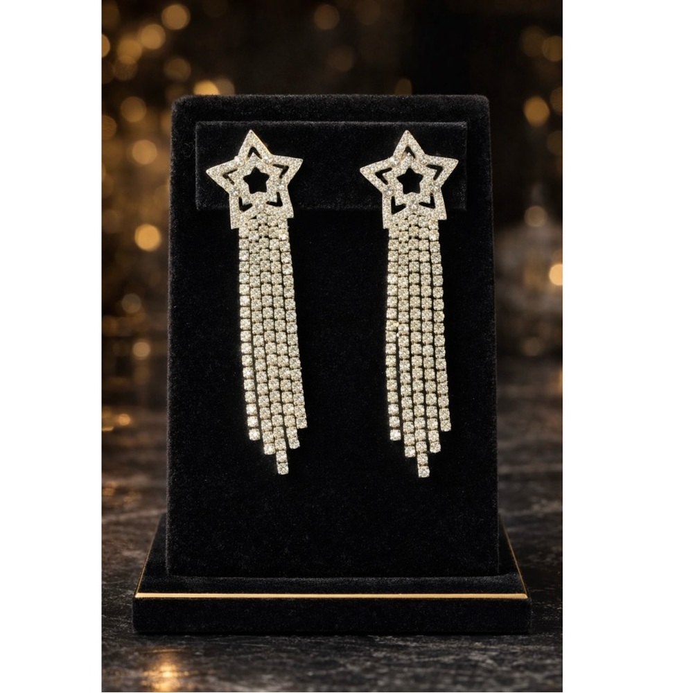Crystal Star Tassel Drop Earrings - Silver Rhinestone